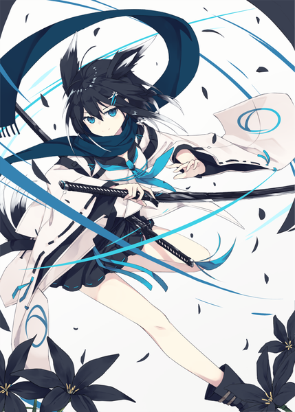 Anime picture 864x1208 with original nagishiro mito single tall image looking at viewer fringe short hair blue eyes black hair smile hair between eyes holding animal ears full body ahoge tail animal tail multicolored hair wide sleeves two-tone hair