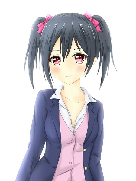 Anime picture 750x1000 with love live! school idol project sunrise (studio) love live! yazawa nico tear yu single tall image looking at viewer blush fringe short hair black hair simple background smile white background twintails pink eyes short twintails girl uniform