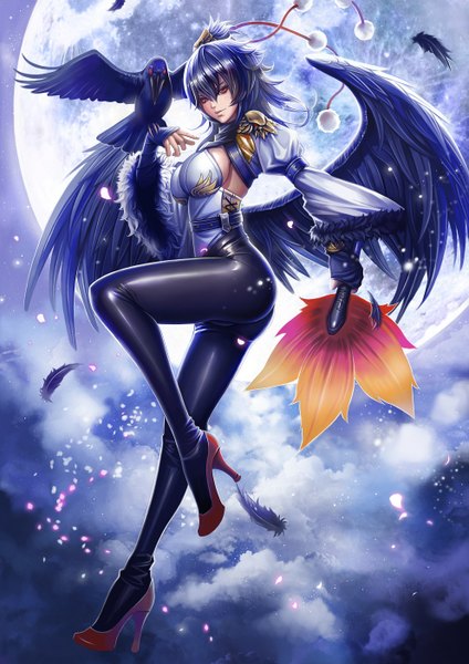 Anime picture 992x1404 with touhou shameimaru aya dantewontdie single tall image looking at viewer short hair light erotic black hair red eyes bird on hand tengu girl animal wings bird (birds) moon feather (feathers) fan pom pom (clothes)