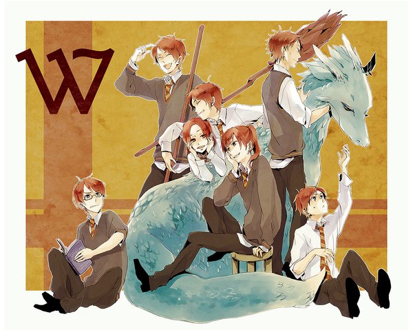 Anime picture 1024x819 with harry potter ron weasley fred weasley george weasley ginny weasley bill weasley charlie weasley percy weasley short hair blue eyes smile sitting light smile orange hair multiple boys boy uniform school uniform shirt glasses