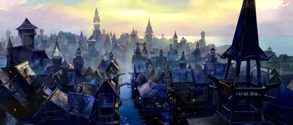 Anime picture 2000x857 with the hobbit saiga tokihito highres wide image no people scenic river fog village building (buildings) sun lantern bridge tower