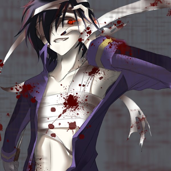 Anime picture 1024x1024 with vocaloid taito (vocaloid) single short hair smile red eyes purple hair glowing glowing eye (eyes) hand on head bandage over one eye yandere creepy boy weapon blood bandage (bandages)