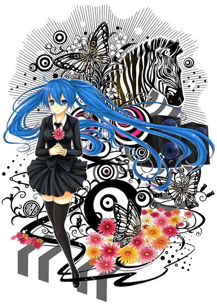 Anime picture 744x1053 with vocaloid saihate (vocaloid) hatsune miku ks single tall image blush blue eyes smile blue hair very long hair pleated skirt zettai ryouiki girl thighhighs skirt black thighhighs animal necktie insect