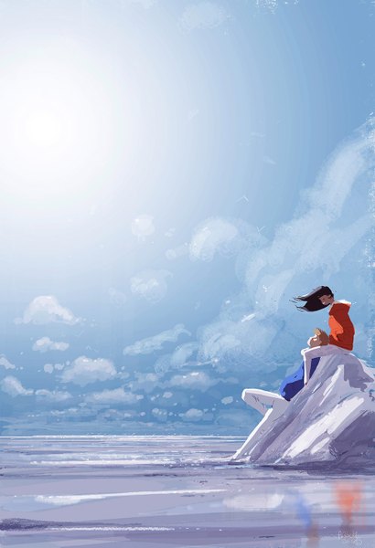 Anime picture 970x1417 with original pascal campion long hair tall image short hair black hair blonde hair smile sitting looking away sky cloud (clouds) bent knee (knees) wind sunlight looking down looking up reclining face to face girl