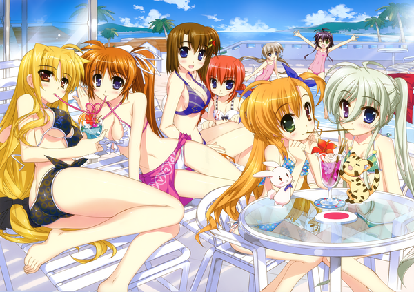 Anime picture 4944x3500 with mahou shoujo lyrical nanoha fate testarossa takamachi nanoha yagami hayate takamachi vivio vita einhart stratos sacred heart corona timir rio wezley asteion fujima takuya long hair blush highres short hair blue eyes light erotic blonde hair red eyes