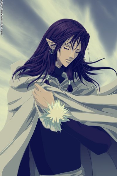 Anime picture 864x1300 with 1/2 prince (manga) ming gui wen ioshik single long hair tall image sky purple hair cloud (clouds) eyes closed pointy ears coloring boy earrings cloak