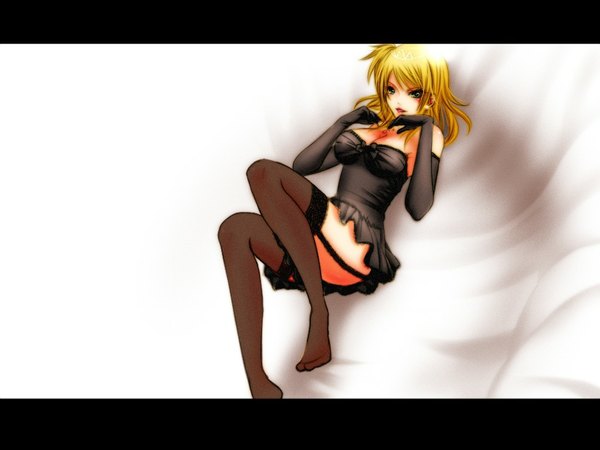 Anime picture 1024x768 with fairy tail lucy heartfilia single long hair blush open mouth light erotic blonde hair green eyes lying girl thighhighs dress gloves black thighhighs elbow gloves