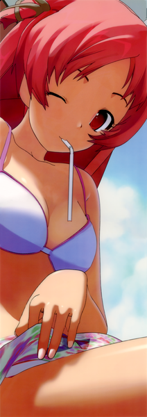 Anime picture 2506x7084 with time leap nagase ayumu single long hair tall image highres red eyes sky cloud (clouds) red hair one eye closed wink girl swimsuit bikini