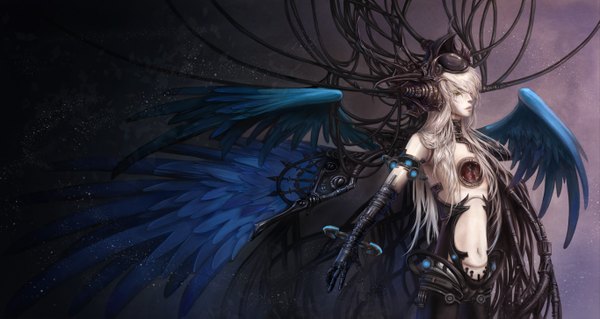 Anime picture 2729x1453 with original sherytan single long hair fringe highres wide image green eyes white hair hair over one eye androgynous mechanical parts boy gloves navel wings elbow gloves feather (feathers) wire (wires) android