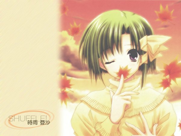 Anime picture 1024x768 with shuffle! shigure asa suzuhira hiro looking at viewer short hair purple eyes one eye closed green hair wink inscription finger to mouth autumn girl ribbon (ribbons) hair ribbon leaf (leaves) autumn leaves