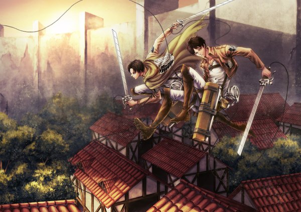 Anime picture 1800x1273 with shingeki no kyojin production i.g eren yaeger levi (rivaille) fufu (dewkaede) highres short hair black hair holding brown eyes open clothes open jacket dual wielding boy weapon sword boots wall house roof
