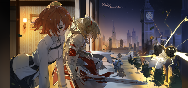 Anime picture 1800x845 with fate (series) fate/grand order fate/apocrypha fate/prototype mordred (fate) fujimaru ritsuka (female) frankenstein's monster (fate) caster (fate/prototype fragments) charles babbage (fate/grand order) nine (liuyuhao1992) long hair highres short hair breasts blonde hair wide image multiple girls holding yellow eyes looking away