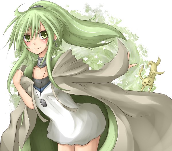 Anime picture 1200x1056 with shintani tsushiya single long hair blush smile green eyes green hair girl dress pendant cloak necklace