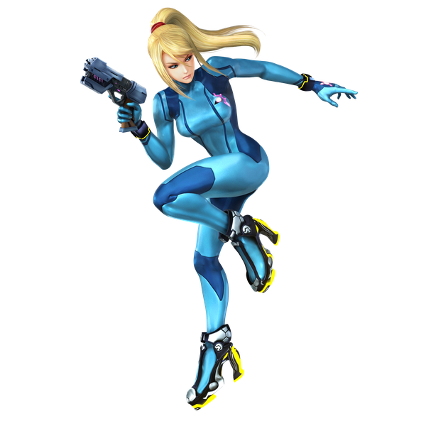 Anime picture 5120x5120 with metroid super smash bros. samus aran single long hair fringe highres breasts blue eyes blonde hair hair between eyes holding payot absurdres ponytail lips mole official art high heels leaning
