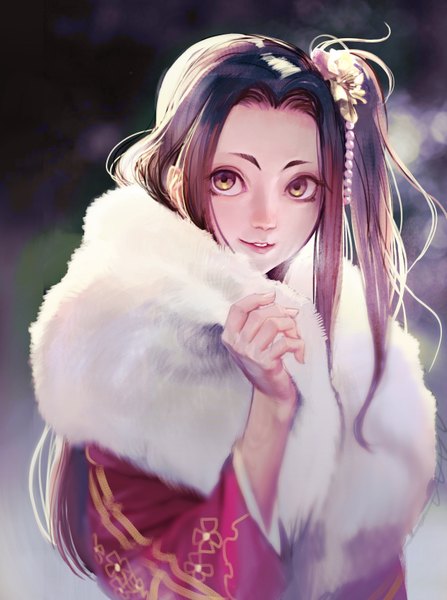 Anime picture 2481x3328 with original moruga single long hair tall image highres brown hair brown eyes looking away ponytail traditional clothes japanese clothes depth of field fur trim side ponytail girl hair ornament fur yukata