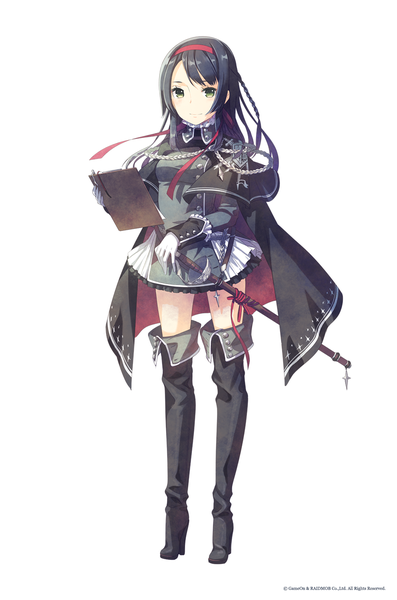 Anime picture 935x1413 with original h2so4 single long hair tall image looking at viewer black hair simple background white background green eyes girl weapon sword boots hairband thigh boots