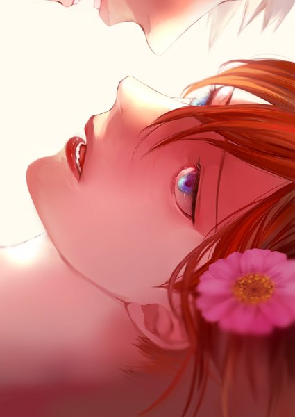 Anime picture 2149x3035 with axis powers hetalia studio deen prussia (hetalia) hungary (hetalia) gurico long hair tall image fringe highres open mouth blue eyes brown hair looking away hair flower teeth looking up close-up face to face no face girl
