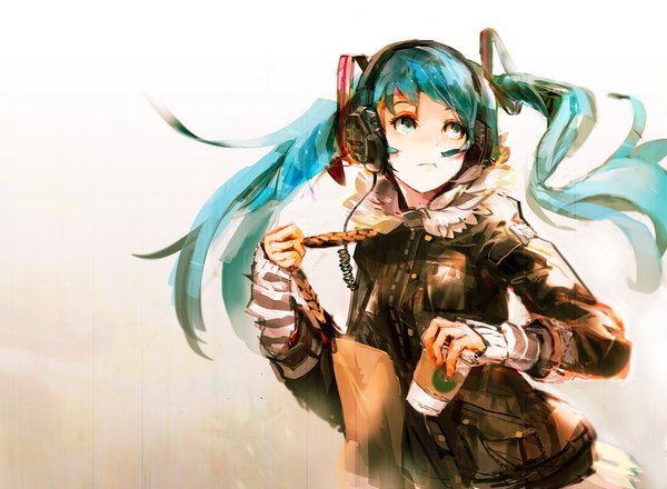 Anime picture 1700x1248 with vocaloid hatsune miku so-bin single long hair highres white background twintails aqua eyes aqua hair casual girl headphones bag disposable cup coffee
