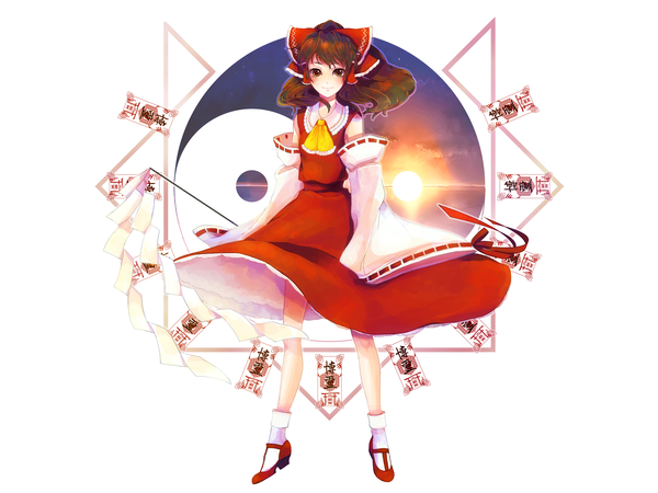 Anime picture 4656x3492 with touhou hakurei reimu pepepo (kyachi) long hair highres brown hair absurdres japanese clothes yin yang girl ribbon (ribbons) bow hair bow detached sleeves gohei ofuda