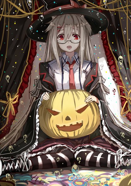 Anime picture 900x1272 with original echj single tall image looking at viewer blonde hair red eyes sitting very long hair halloween girl thighhighs skirt hat miniskirt shirt glasses necktie food sweets