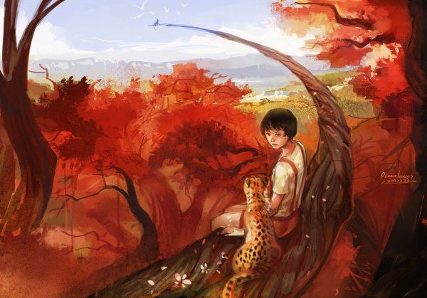 Anime picture 1200x838 with original ocean (pixiv) short hair black hair sitting signed sky realistic landscape plant (plants) animal petals tree (trees) bird (birds) branch leopard