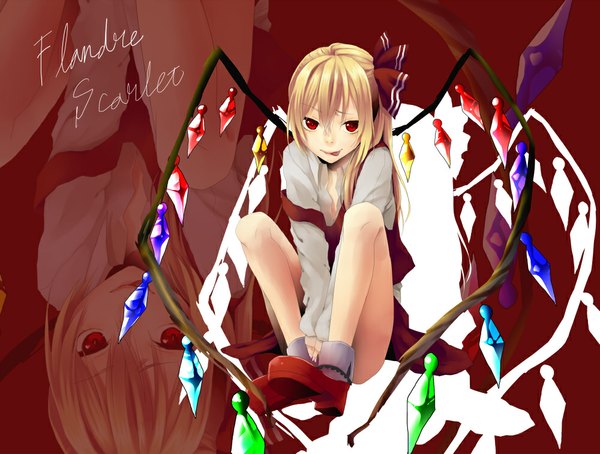 Anime picture 1000x757 with touhou flandre scarlet hijiri-ssh looking at viewer short hair blonde hair red eyes :p girl wings shoes crystal