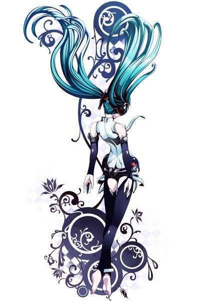 Anime picture 848x1200 with vocaloid vocaloid append hatsune miku hatsune miku (append) torigoe takumi single long hair tall image simple background white background twintails barefoot aqua hair girl hair ornament detached sleeves