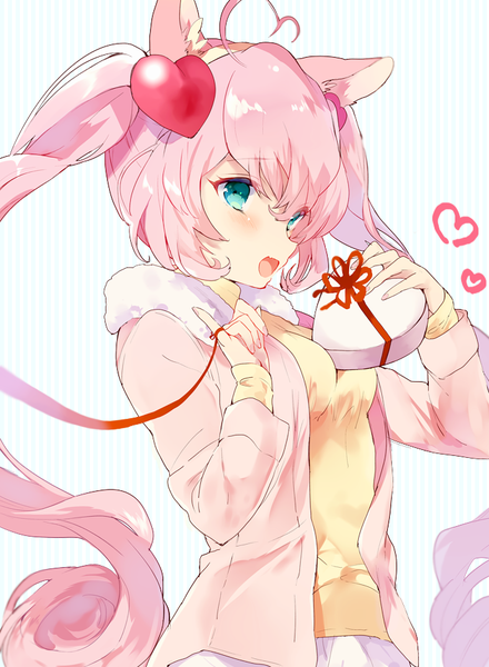 Anime picture 691x941 with show by rock!! studio bones rosia (show by rock!!) kanaiko single long hair tall image blush fringe hair between eyes twintails holding animal ears payot looking away pink hair upper body ahoge aqua eyes cat ears
