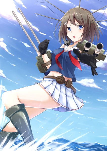 Anime picture 1000x1412 with kantai collection maya heavy cruiser oruna single tall image looking at viewer short hair open mouth blue eyes black hair sky cloud (clouds) girl gloves weapon miniskirt x hair ornament