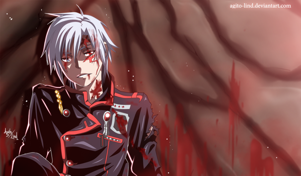 Anime picture 1000x588 with d.gray-man allen walker aagito single short hair smile red eyes wide image grey hair tattoo coloring boy uniform blood military uniform