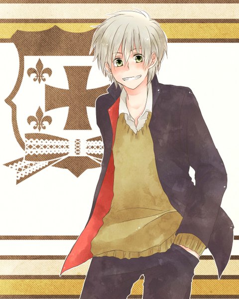 Anime picture 1024x1280 with beelzebub studio pierrot furuichi takayuki single tall image blush short hair simple background yellow eyes grey hair open collar hands in pockets boy