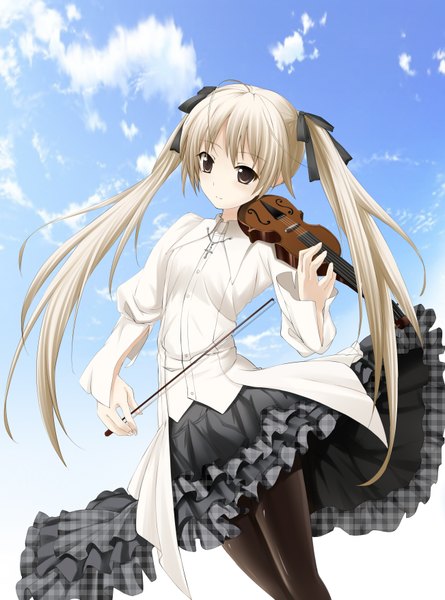 Anime picture 2604x3507 with yosuga no sora kasugano sora yeluno meng single long hair tall image highres twintails sky cloud (clouds) white hair grey eyes girl dress bow hair bow musical instrument violin bow (instrument)