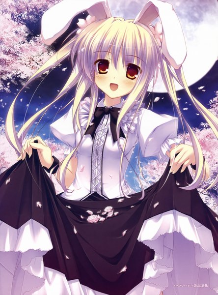 Anime picture 3551x4795 with original fujisaki rei single long hair tall image blush highres open mouth blonde hair twintails brown eyes absurdres scan bunny ears puffy sleeves night sky cherry blossoms happy girl skirt