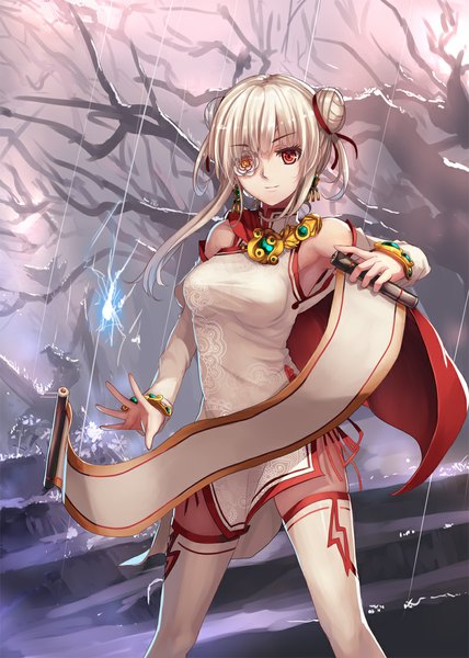 Anime picture 800x1120 with original musynexsk single long hair tall image looking at viewer red eyes white hair chinese clothes girl thighhighs flower (flowers) plant (plants) detached sleeves white thighhighs tree (trees) chinese dress scroll