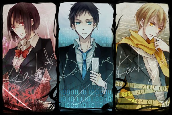 Anime picture 1130x755 with durarara!! brains base (studio) sonohara anri kida masaomi ryuugamine mikado blue eyes red eyes yellow eyes