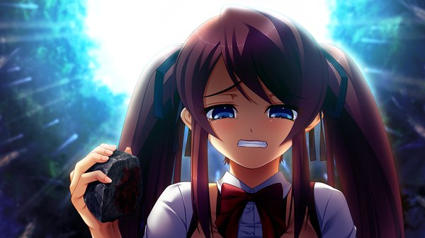 Anime picture 1024x576 with tokubetsu jugyou 3 slg long hair blue eyes brown hair wide image twintails game cg tears girl uniform ribbon (ribbons) hair ribbon school uniform blood
