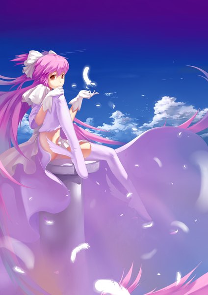 Anime picture 1240x1754 with mahou shoujo madoka magica shaft (studio) kaname madoka goddess madoka fs-project (artist) single long hair tall image red eyes sitting pink hair sky cloud (clouds) girl thighhighs dress gloves white thighhighs feather (feathers)