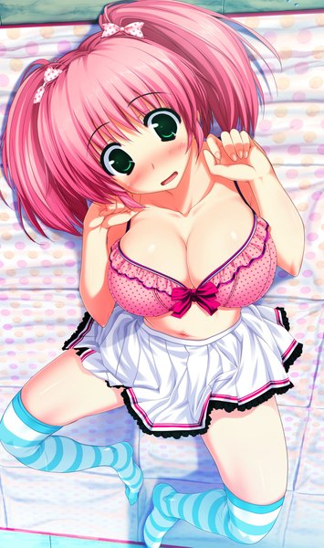 Anime picture 1280x2161 with kamikaze explorer! hayase manami oshiki hitoshi tall image blush short hair breasts open mouth light erotic green eyes pink hair game cg huge breasts girl thighhighs skirt miniskirt striped thighhighs