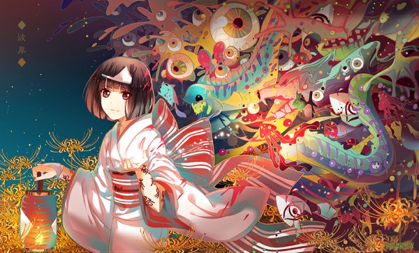 Anime picture 1000x605 with noragami studio bones nora (noragami) instockee single looking at viewer short hair brown hair wide image holding brown eyes traditional clothes japanese clothes hieroglyph body writing girl flower (flowers) lantern higanbana triangular headpiece