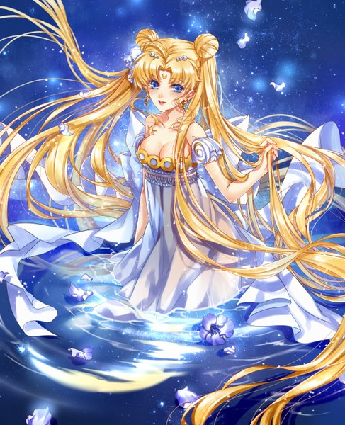 Anime picture 2400x2952 with bishoujo senshi sailor moon toei animation tsukino usagi princess serenity kingchenxi single tall image looking at viewer highres blue eyes blonde hair twintails cleavage very long hair hair bun (hair buns) girl dress hair ornament flower (flowers) petals