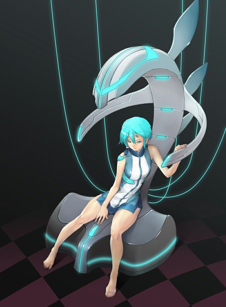 Anime picture 812x1101 with btoor single long hair tall image sitting bare shoulders barefoot aqua eyes from above aqua hair bare legs sleeveless checkered floor girl dress short dress toes