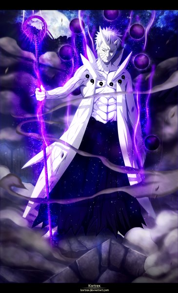 Anime picture 2370x3892 with naruto studio pierrot naruto (series) uchiha obito tobi kortrex single tall image highres short hair white hair eyes closed profile night sky coloring magic letterboxed scar smoke muscle