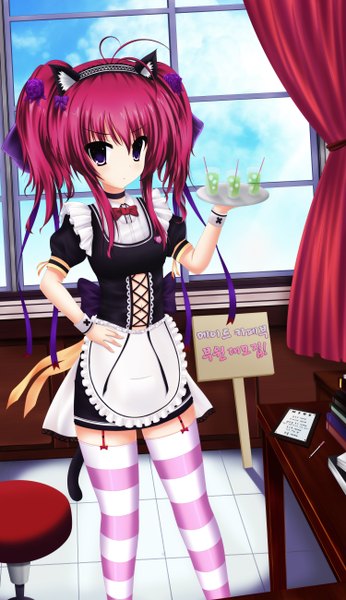 Anime picture 3000x5200 with original toyokawa itsuki (p mayuhime) single tall image blush highres short hair purple eyes animal ears red hair tail animal tail cat ears maid cat tail hand on hip girl thighhighs striped thighhighs drink
