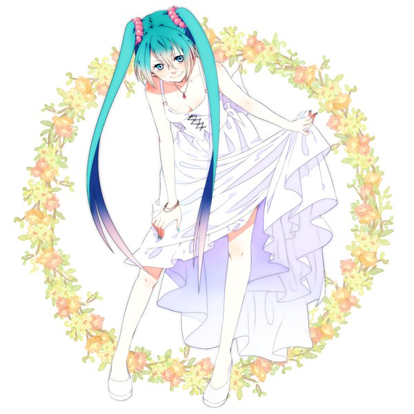 Anime picture 2500x2500 with vocaloid hatsune miku monochrome (artist) single blush highres blue eyes smile white background twintails bare shoulders very long hair aqua hair girl dress flower (flowers) pendant
