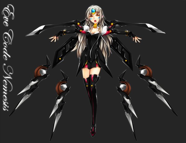 Anime picture 1850x1429 with elsword eve (elsword) fi-san single long hair highres open mouth grey hair orange eyes black background girl weapon thigh boots suit