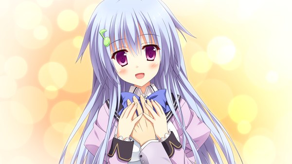 Anime picture 1280x720 with koishiki manual haneshiro amane saeki nao long hair looking at viewer blush open mouth smile wide image purple eyes game cg white hair hand on chest light happy girl boy uniform hair ornament bow