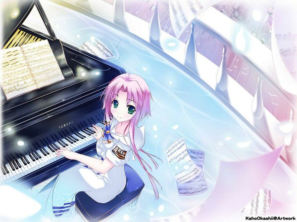 Anime picture 1024x768 with aria mizunashi akari kaho okashii single long hair looking at viewer blush green eyes pink hair cute girl dress paper piano