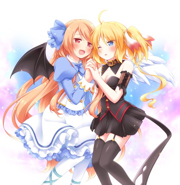 Anime picture 1431x1476 with original ringo yuyu long hair tall image blush breasts open mouth blue eyes blonde hair smile red eyes multiple girls ahoge very long hair one eye closed orange hair holding hands bat wings girl thighhighs