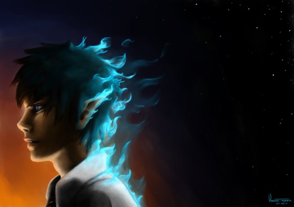 Anime picture 4961x3508 with ao no exorcist a-1 pictures okumura rin tesorone single highres short hair blue eyes black hair signed blue hair absurdres profile pointy ears glowing boy flame