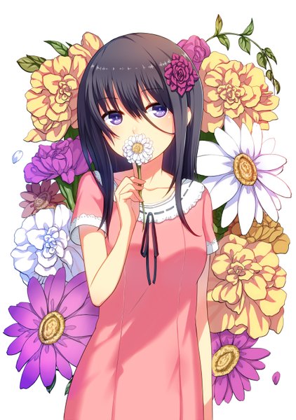 Anime picture 1000x1422 with original ginichi (toot08) single long hair tall image looking at viewer blue eyes black hair white background hair flower girl dress hair ornament flower (flowers)